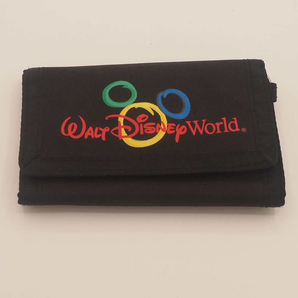 Vintage Walt Disney World Trifold Wallet Hook & Loop Closure Keyring Black